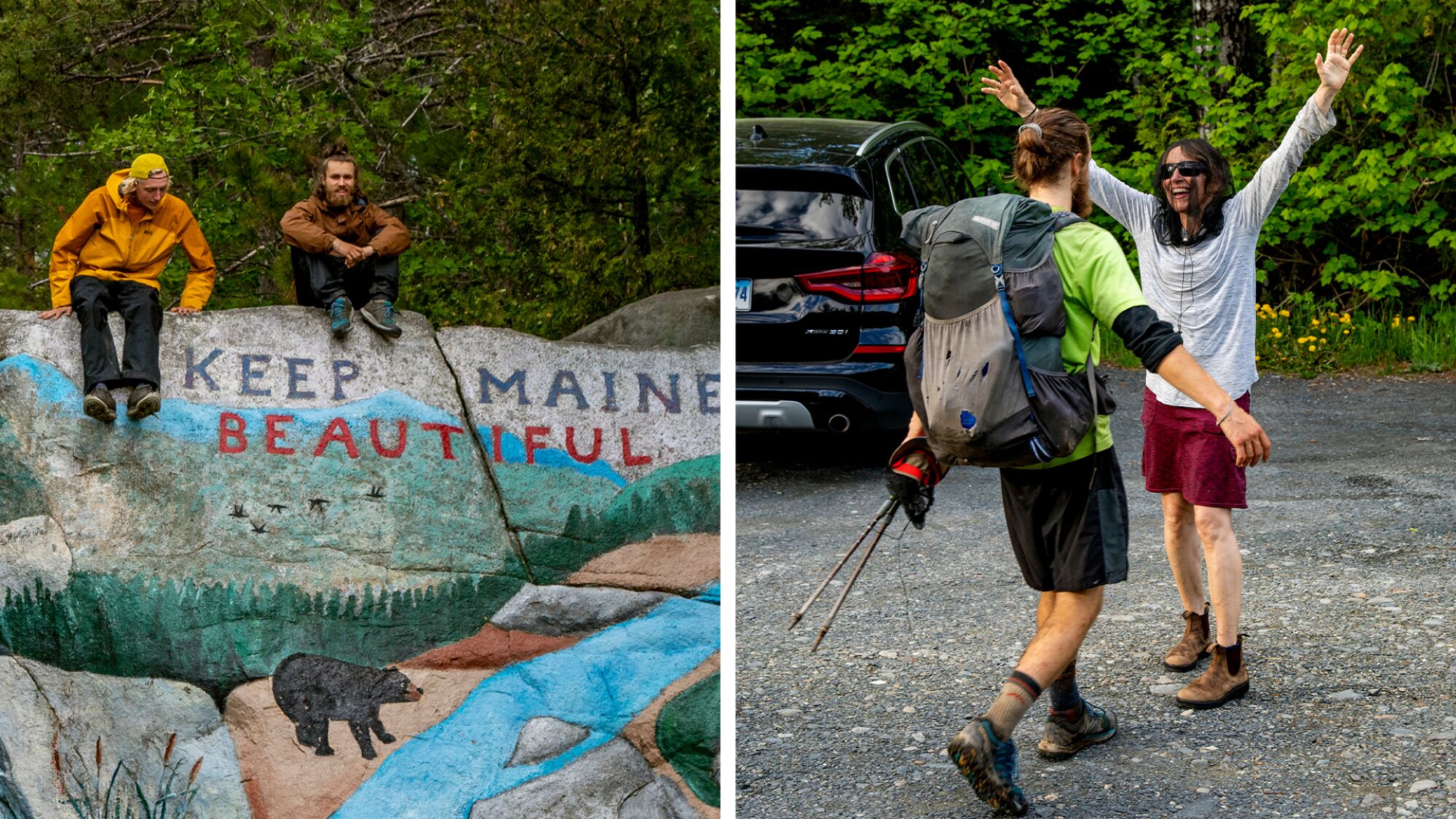 The hikers, left, sit on a rock painted with the message, "Keep Maine Beautiful." At right, Potter greets his mother.