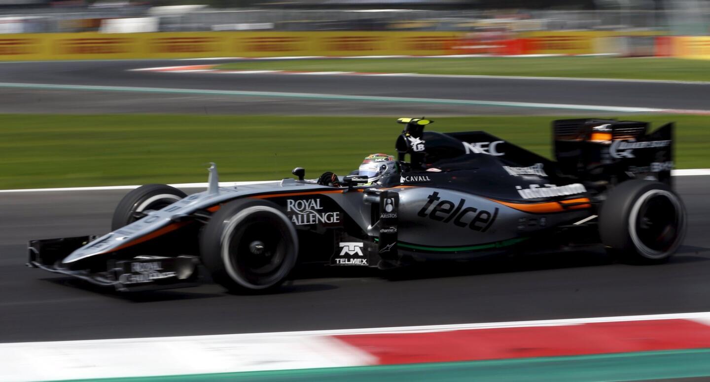 Force India Formula One driver Sergio Perez of Mexico drives during the Mexican F1 Grand Prix at Autodromo Hermanos Rodriguez in Mexico City