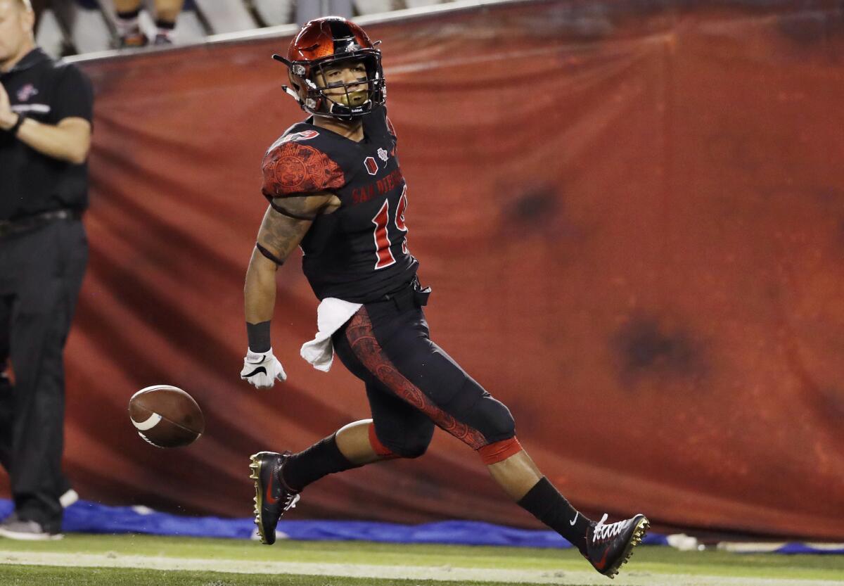 San Diego State running back Donnel Pumphrey scores a touchdown during the first half against San Jose State on Oct. 21.