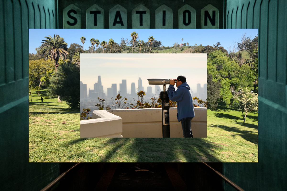 Collage of a Union Station platform entrance, a field at Elysian Park and a telescope in use at Griffith Observatory.