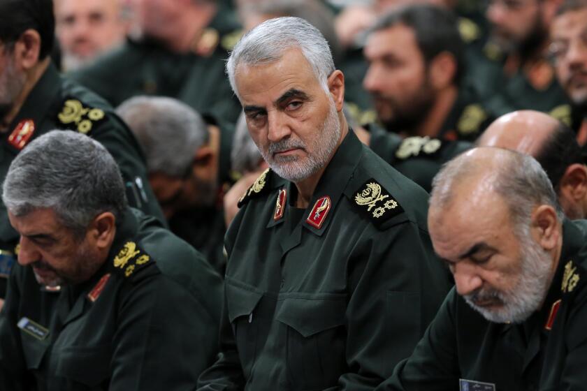 Iranian Revolutionary Guards Corps (IRGC) Lieutenant general and commander of the Quds Force Qassem Suleimani, center, during a meeting with Iranian supreme leader Ayatollah Ali Khamenei (not pictured) in Tehran, Iran, 18 September 2018.