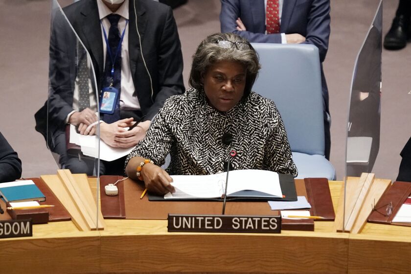 U.S. Ambassador to the UN Linda Thomas-Greenfield addresses the United Nations Security Council, Friday, Feb. 25, 2022. (AP Photo/Seth Wenig)