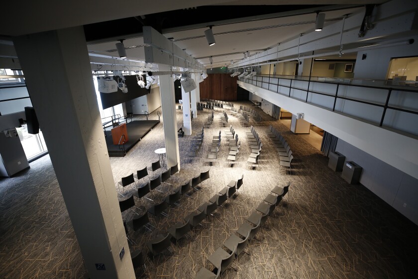 A large auditorium fills the space where the presses once stood in the Herald Examiner Building.