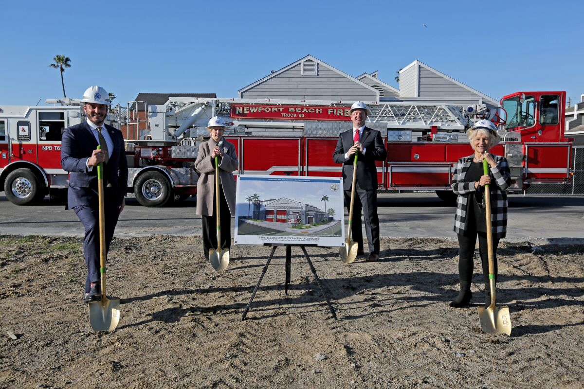 Members of the Newport Beach City Council break ground at a new fire station in Newport Beach.