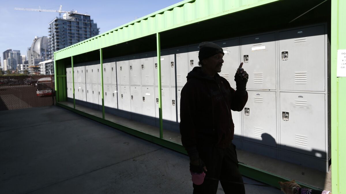 Danny McCray runs Think Dignity's Traditional Storage Center in the East Village of San Diego, shown on Jan. 15, 2018. The facility allows homeless people to store their belongings. (Photo by K.C. Alfred/ San Diego Union-Tribune)