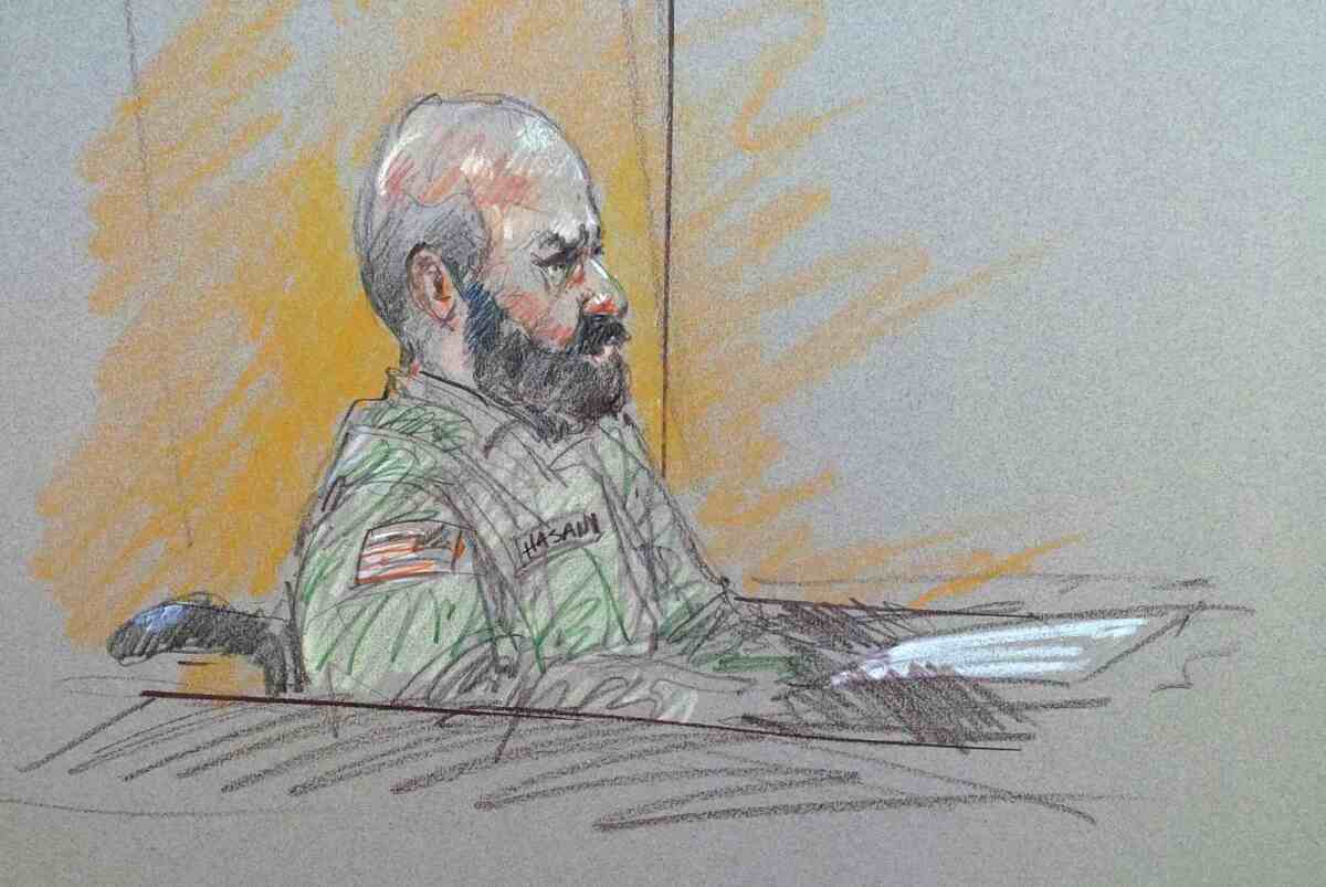 Major Nidal Malik Hasan, the U.S. Army psychiatrist charged in a mass shooting, is seen in a courtroom sketch on the opening day of his trial at the U.S. Army post in Fort Hood, Texas.