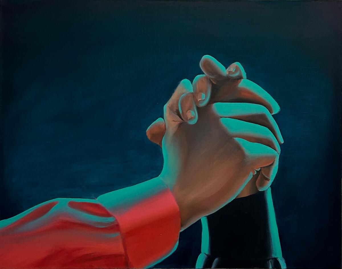 Painting of hands clasped on a dark background