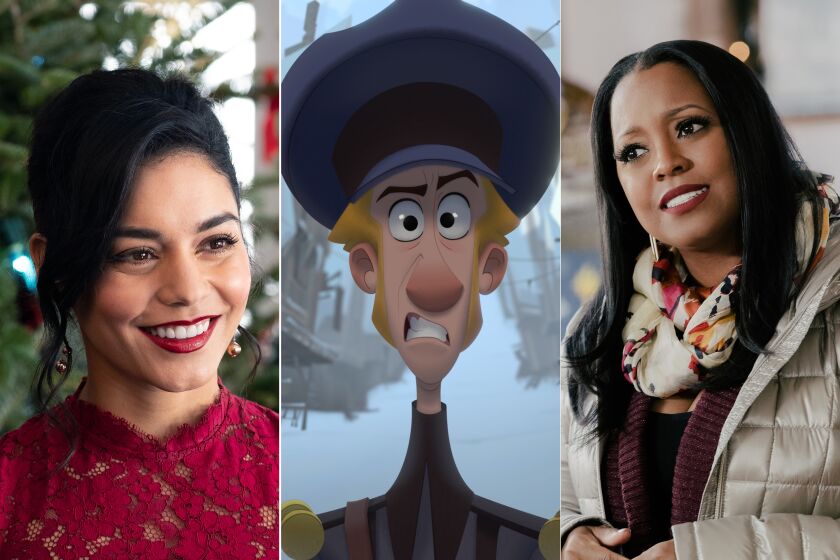 From left, Keshia Knight Pulliam in "Radio Christmas," a scene from Netflix's animated feature "Klaus" and Vanessa Hudgens in "The Knight Before Christmas."