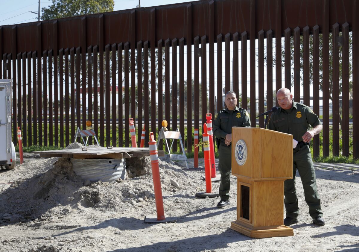 A week before being announced as the new chief of the San Diego Sector, then-Deputy Chief Patrol Agent Aaron Heitke answers questions from reporters at a news conference unveiling the longest cross-border drug tunnel in history.