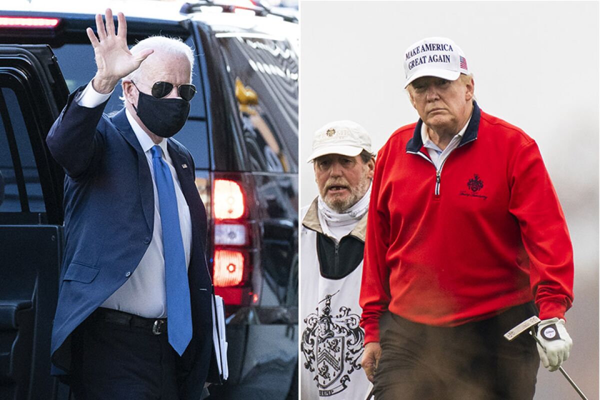 Composite image of Joe Biden waving, left, and President Trump on a golf course