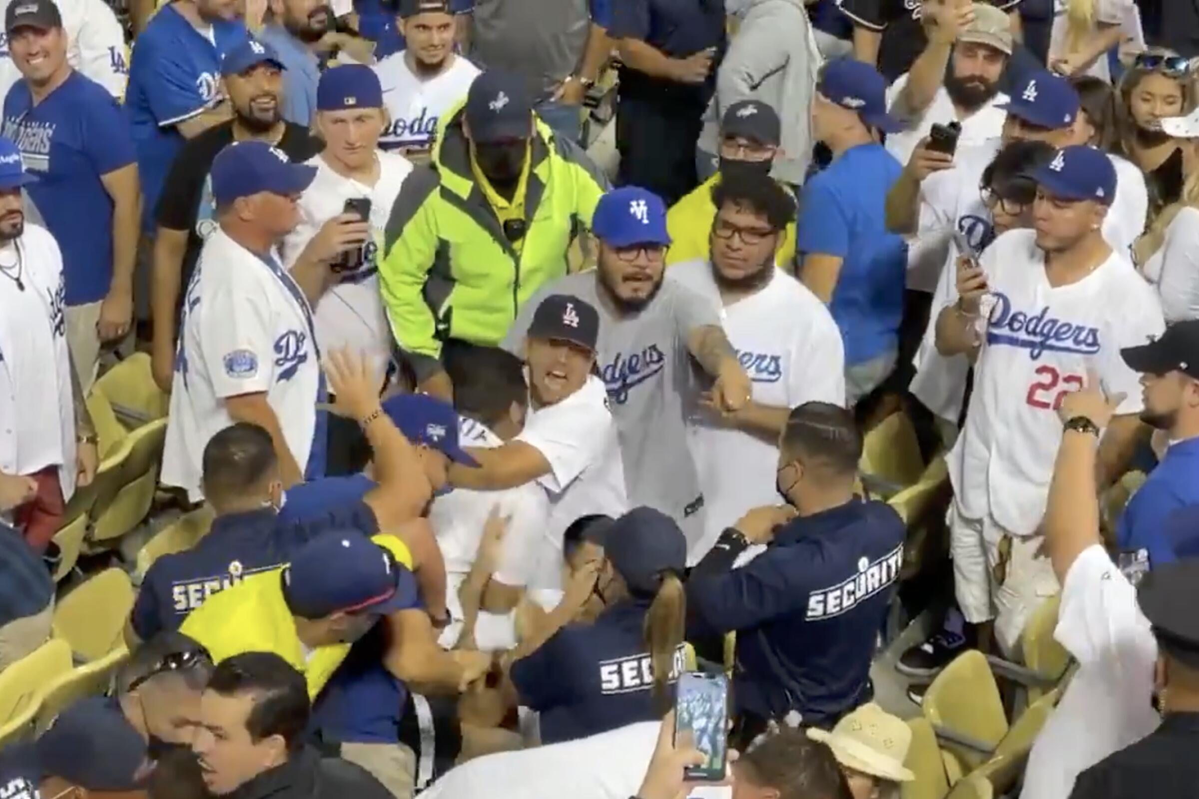 Fight in the crowd at Dodger Stadium on Aug. 3, 2021. Courtesy of Jake Reiner