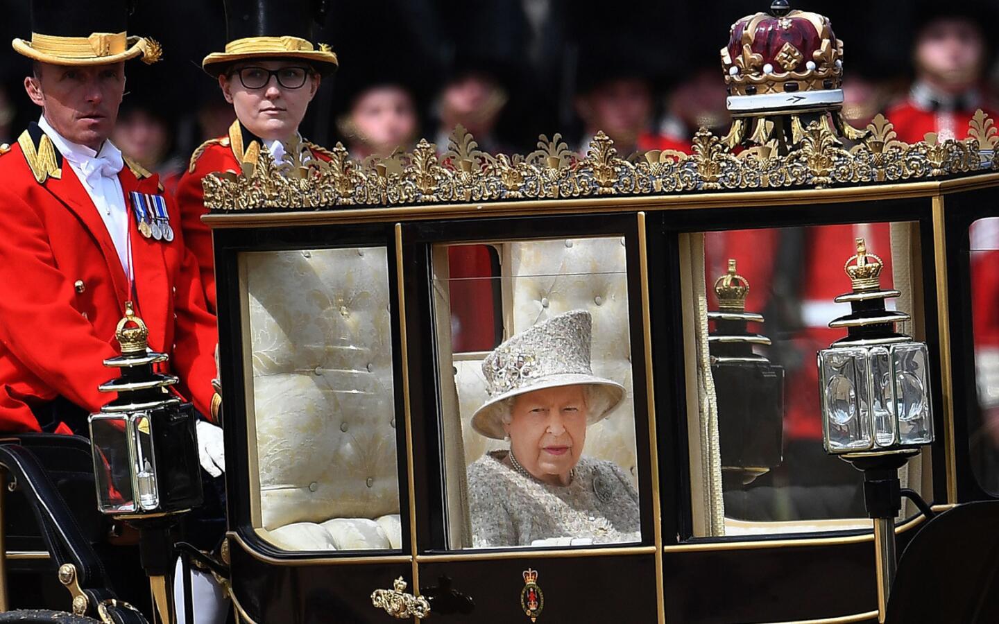 Britain's Queen Elizabeth II arrives at Horseguards Parade in London on Saturday for the annual Trooping of the Color, part of her official birthday celebration.