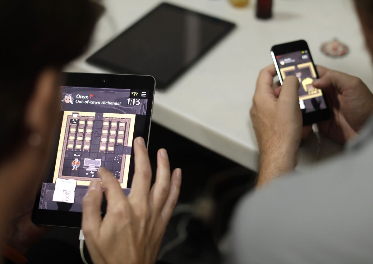 “Blabyrinth” is an in-development cooperative game for mobile devices where players work together to find clues, treasures and escape a labyrinth.