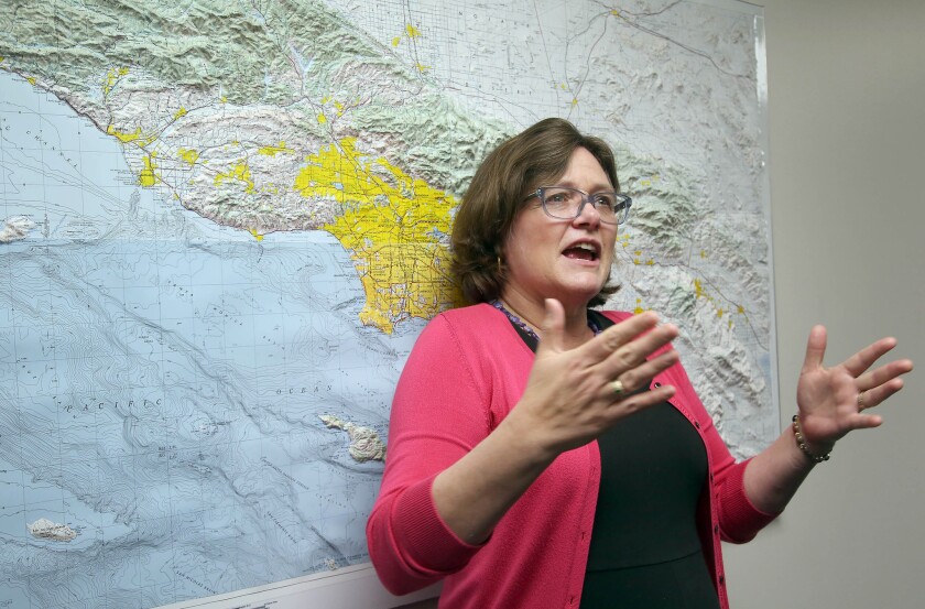 Lucy Jones, a USGS seismologist, talks during a news conference at Caltech in Pasadena.