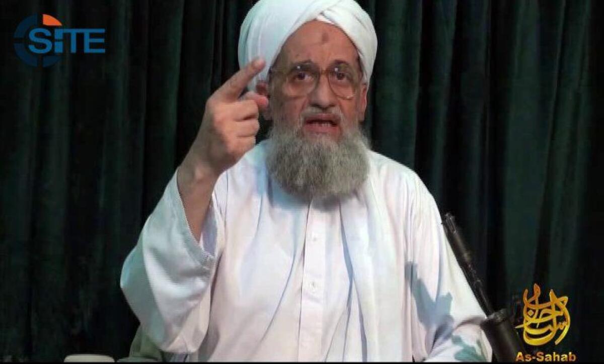 A 2011 image from As Sahab, Al Qaeda's media division, purports to show Al Qaeda leader Ayman Zawahiri. U.S. intelligence agencies recently intercepted communications in which Zawahiri ordered the head of the terrorist network's affiliate in Yemen to mount an attack in early August, U.S. and Yemeni officials said.