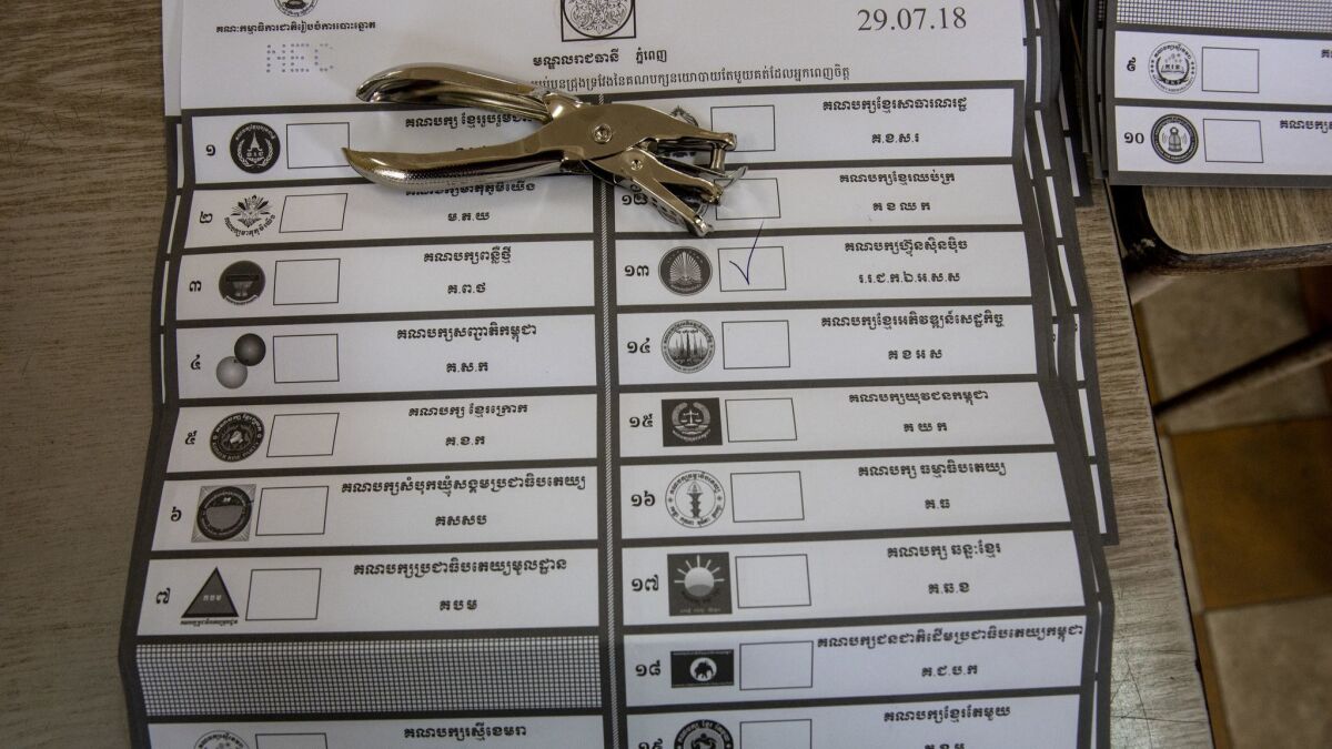A marked ballot in Phnom Penh on July 29, 2018. There were widespread reports of voters ruining their ballot papers to show displeasure with Cambodia's authoritarian leader.