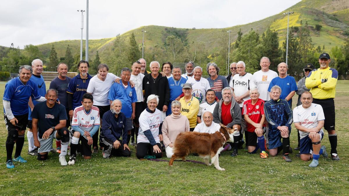 Members of the over-60 soccer league before playing a game at North Ranch Playfield in Thousand Oaks on April 21, 2019.