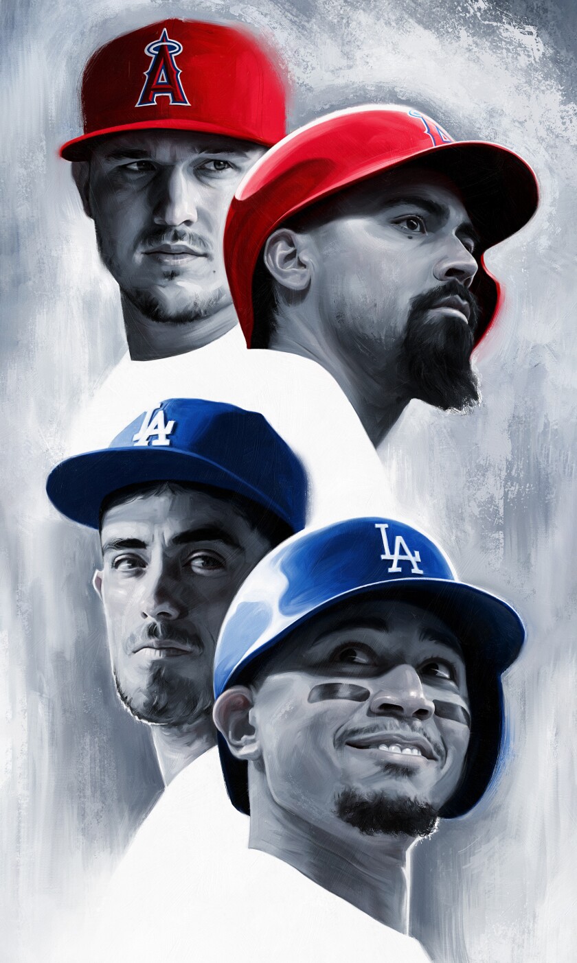 A portrait featuring Mookie Betts and Cody Bellinger of the Dodgers, and Mike Trout and Anthony Rendon of the Angels