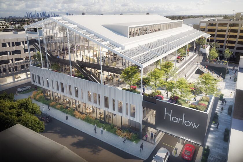 Rendering of Harlow, a $79 million office building under construction at Sunset Las Palmas Studios in Hollywood. The address is 1001 N. Seward St. at the corner of Seward and Romaine streets.