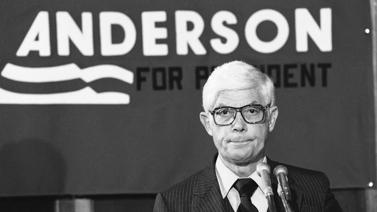 Independent presidential candidate John B. Anderson in 1980. As a third-party candidate, he helped tilt the election to Ronald Reagan.