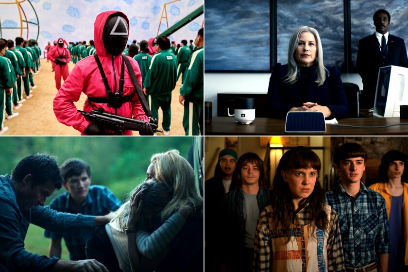 Clockwise from top left: Images from "Squid Game," "Severance," "Stranger Things" and "Ozark."