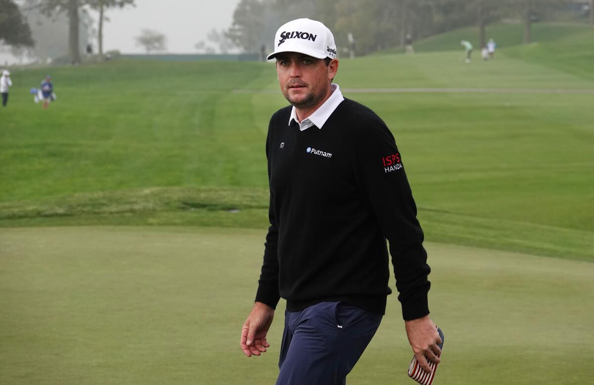 Keegan Bradley walks off the 18th green after shooting a six-under par 66 on the Torrey Pines North Course during Round 1 of the Farmers Insurance Open.