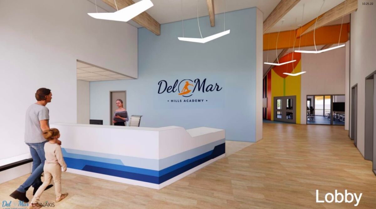 A rendering of the new lobby at Del Mar Hills.