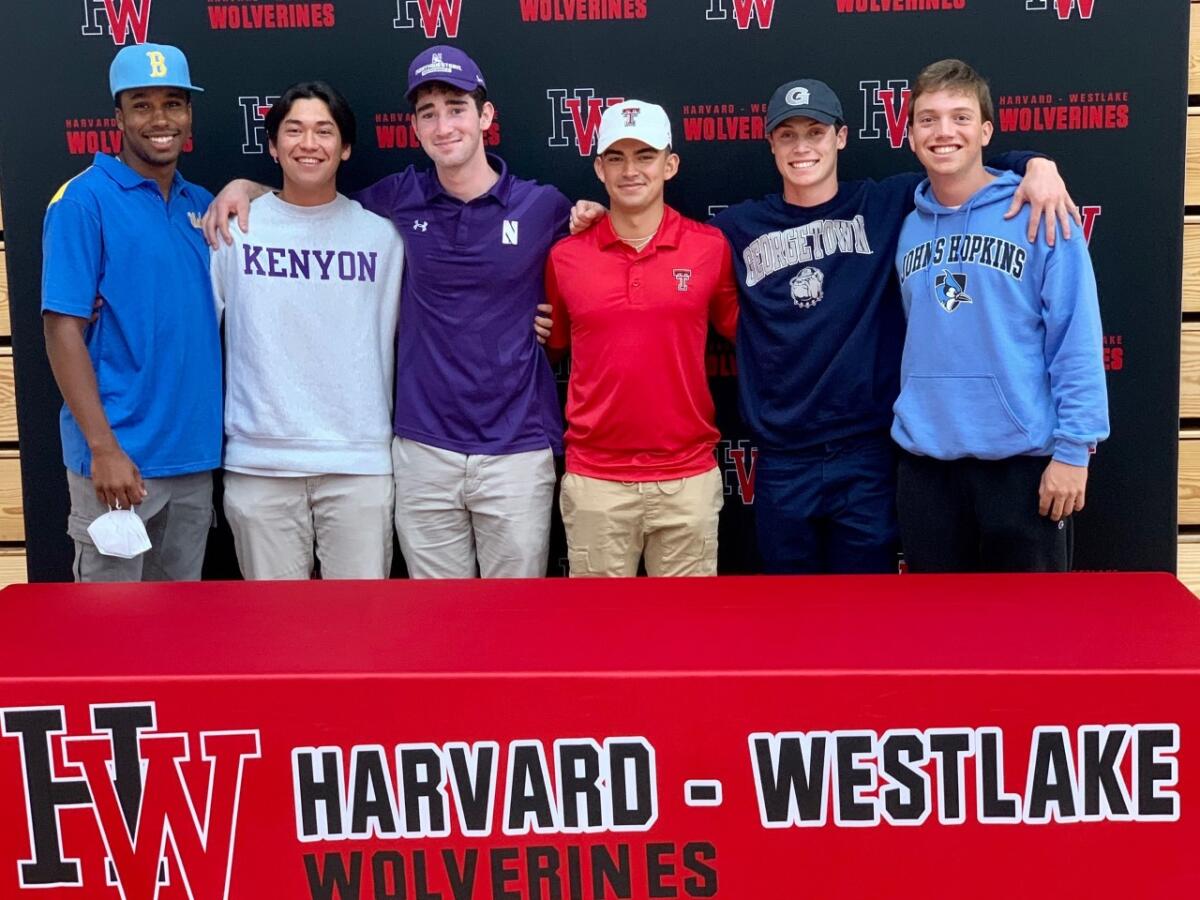 Harvard-Westlake players Toussaint Bythewood, Niko Price, Marty Kaplan, Jacob Galloway, Andrew Citron, Alex Shane pose.