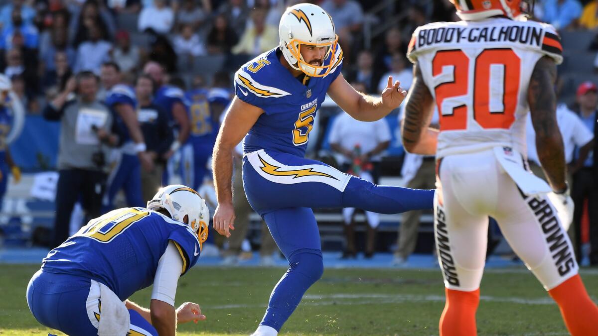 Chargers kicker Travis Coons converts a field-goal attempt during the second quarter Sunday.