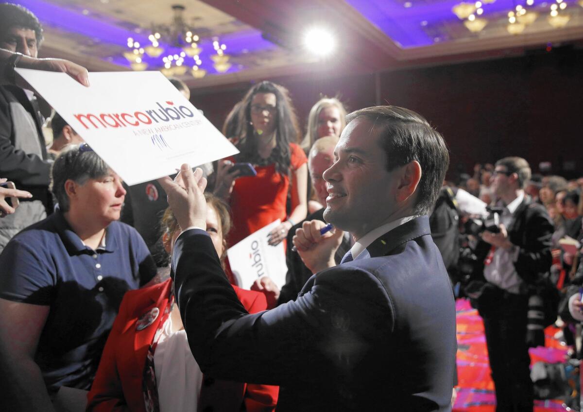 Republican presidential candidate Marco Rubio campaigns in Reno on Feb. 22. Can he claim his first victory in Nevada?