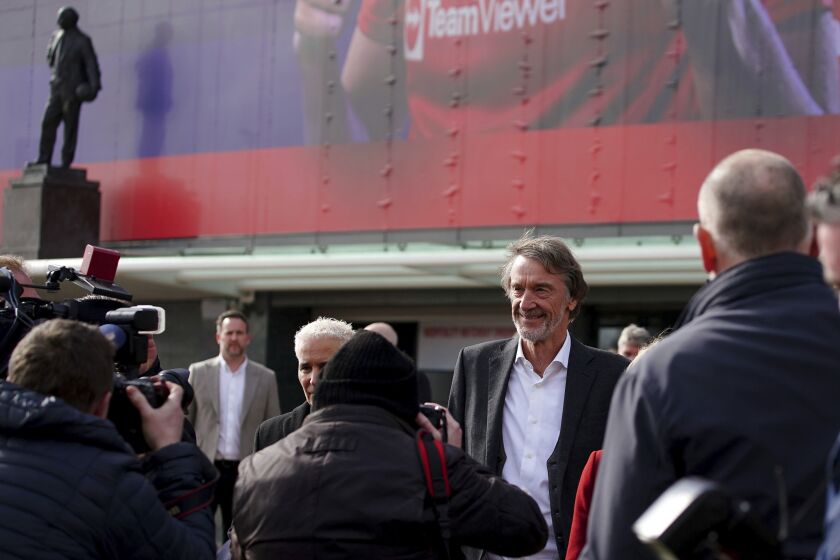 FILE - Businessman Jim Ratcliffe leaves Old Trafford, in Manchester, England, on March 17, 2023. The race to buy Manchester United is taking shape. Based on the publicly declared bids for one of the world's most iconic soccer teams, the frontrunners are Qatari banker Sheikh Jassim bin Hamad Al Thani and local boy-turned-billionaire Jim Ratcliffe. (Peter Byrne/PA via AP, File)