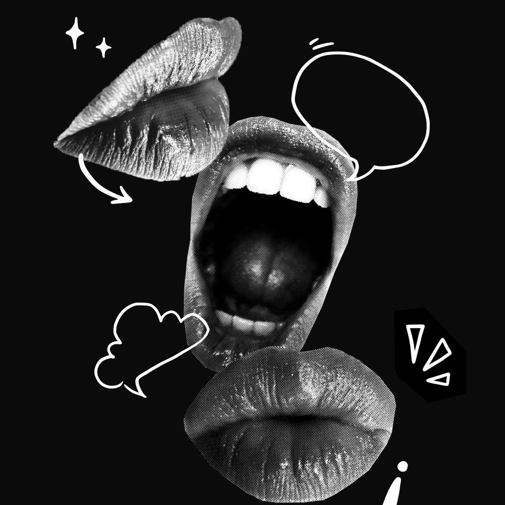 photo illustration of mouths and word balloons