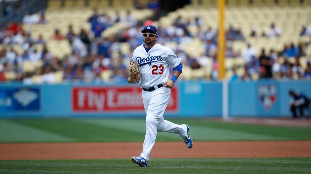 Dodgers first baseman Adrian Gonzalez is seen during the first inning against the Cincinnati Reds on June 11.