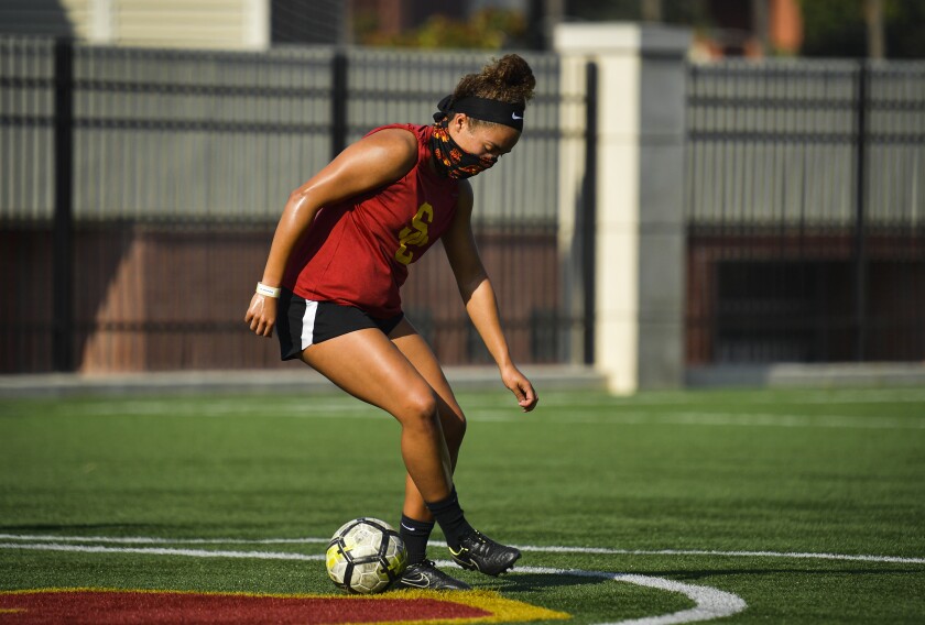 USC defender Isabel Rolley controls the ball during a team practice session.