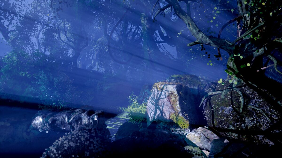 Light shines through mist amid a dim setting with thick trees and a large rock.