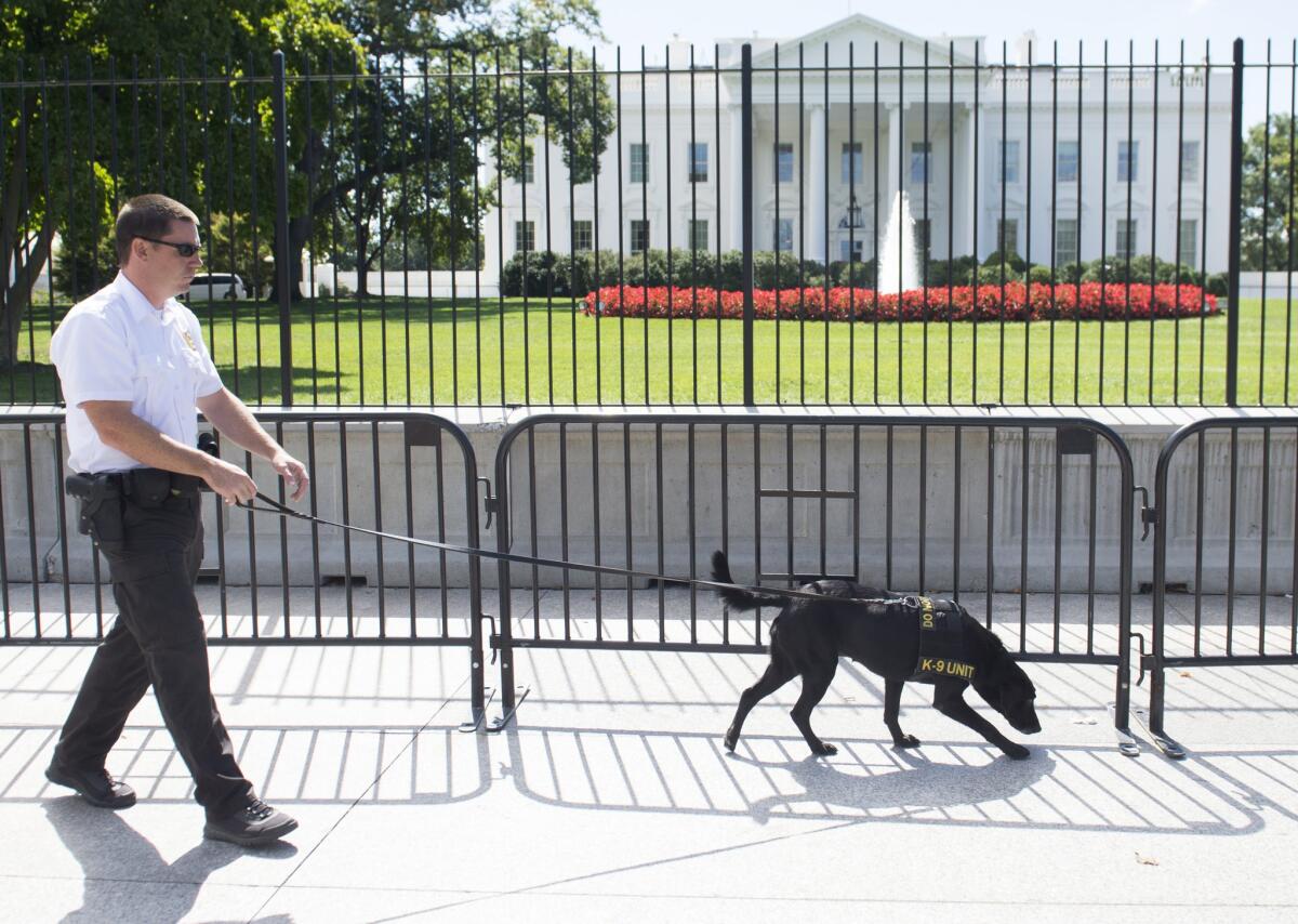 A member of the Secret Service uniformed division patrols last fall outside a temporary fence that was installed at the White House. The Secret Service increased security after an intruder scaled the permanent fence and went inside.