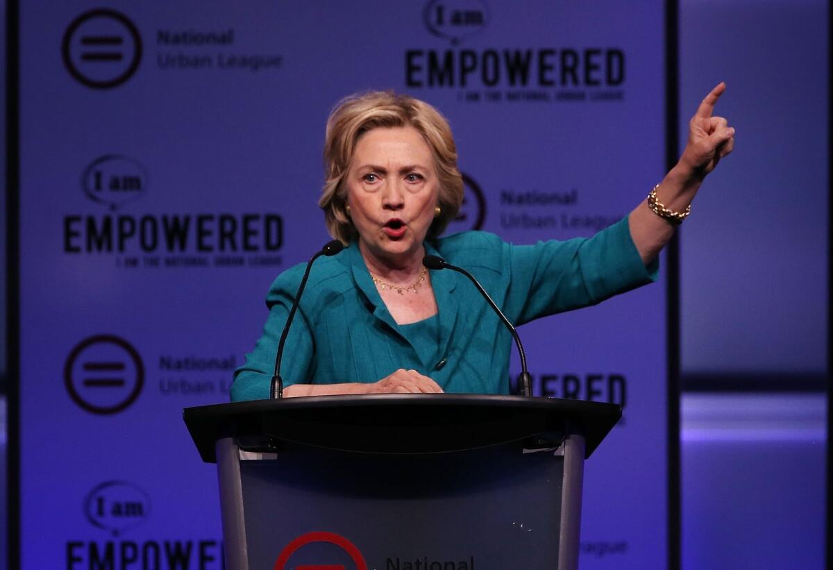 Democratic presidential hopeful and former Secretary of State Hillary Clinton speaks during the Presidential Candidates Plenary at the National Urban League conference in the Fort Lauderdale Convention Center on July 31, 2015, in Florida.