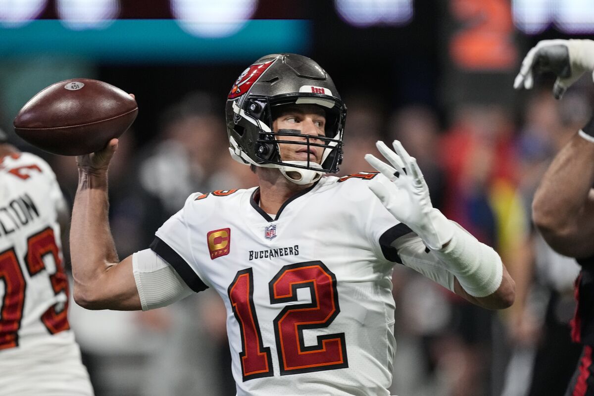 Tampa Bay Buccaneers quarterback Tom Brady passes against the Atlanta Falcons on Sunday.