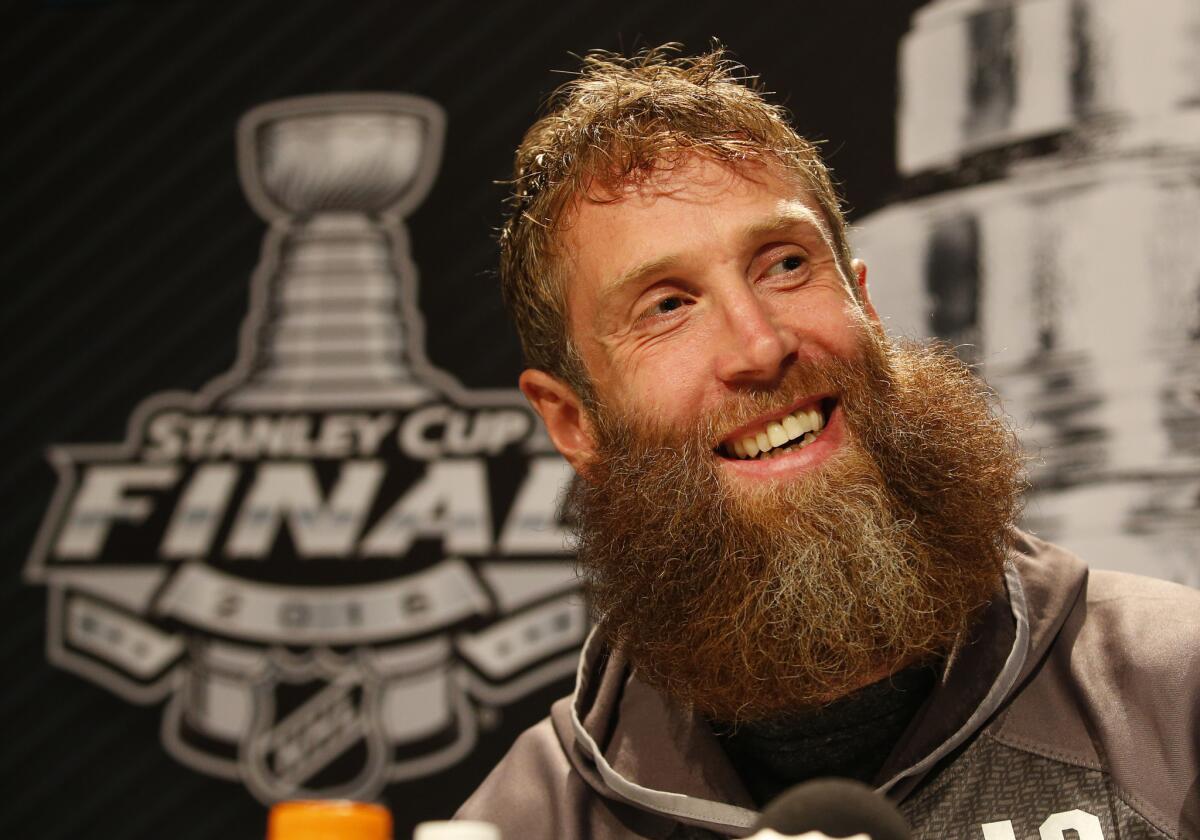 Sharks center Joe Thornton addresses the media during Stanley Cup Final media day at Consol Energy Center.