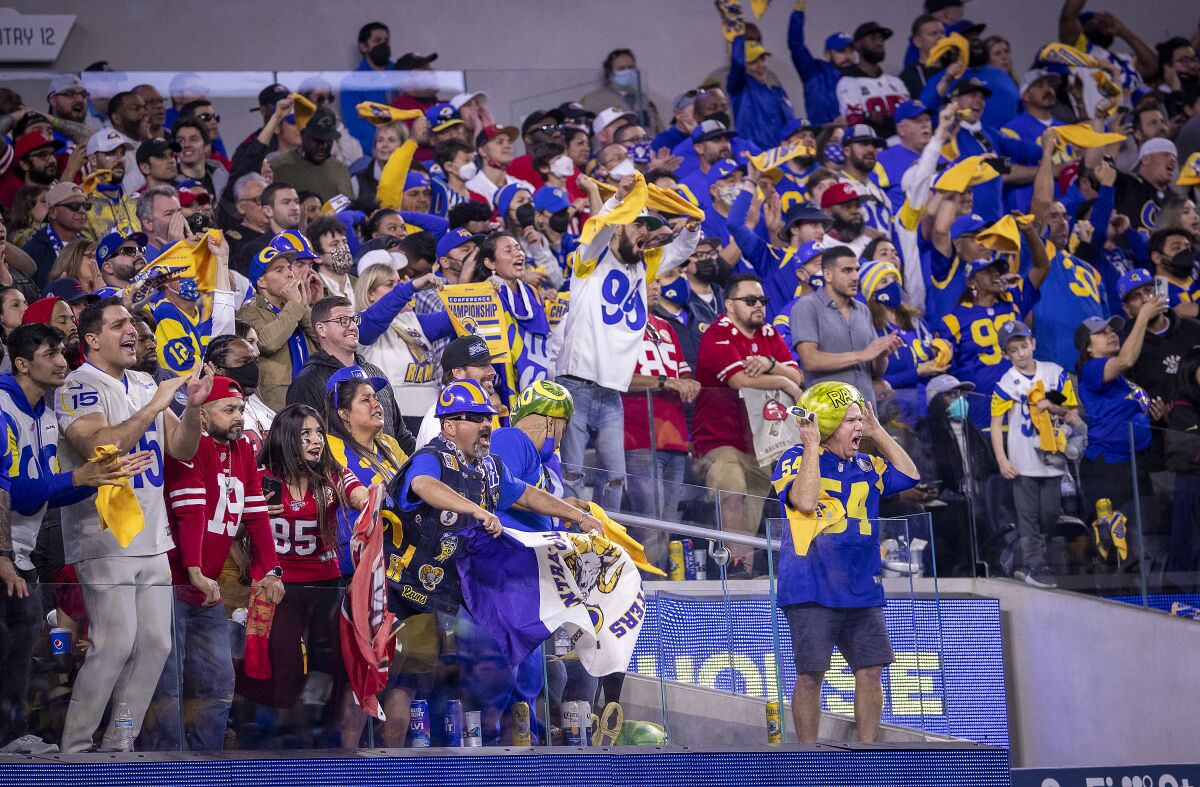 The crowd at SoFi Stadium was mostly unmasked Jan. 30 as they watched the Rams finish  off the 49ers 