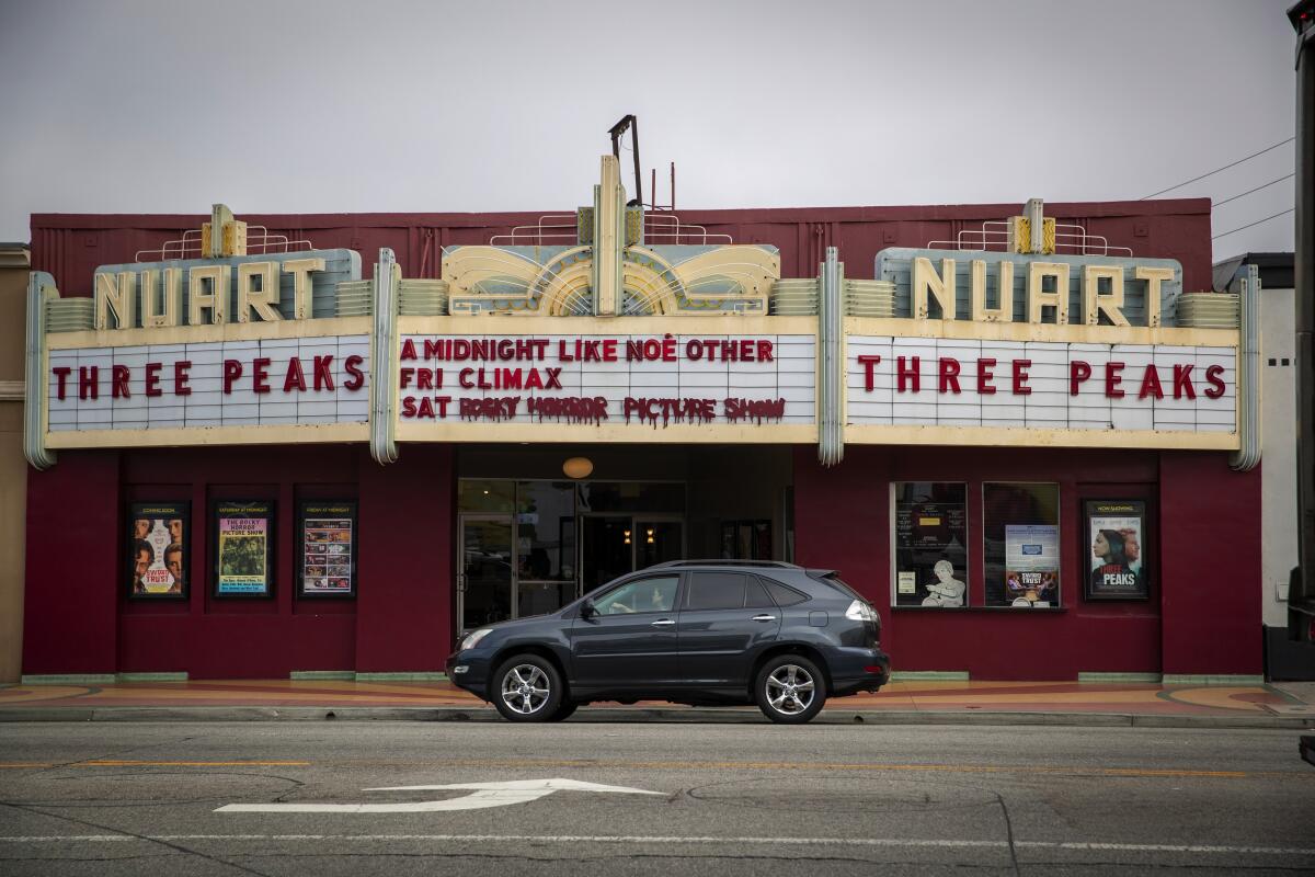 Exterior photo of the NuArt Theater at 11272 Santa Monica Boulevard in Santa Monica, Calif., on July 15, 2019.
