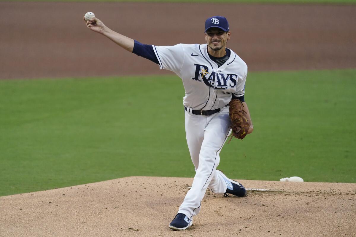 Tampa Bay Rays starting starting pitcher Charlie Morton delivers against the Houston Astros in Game 7 of the ALCS.