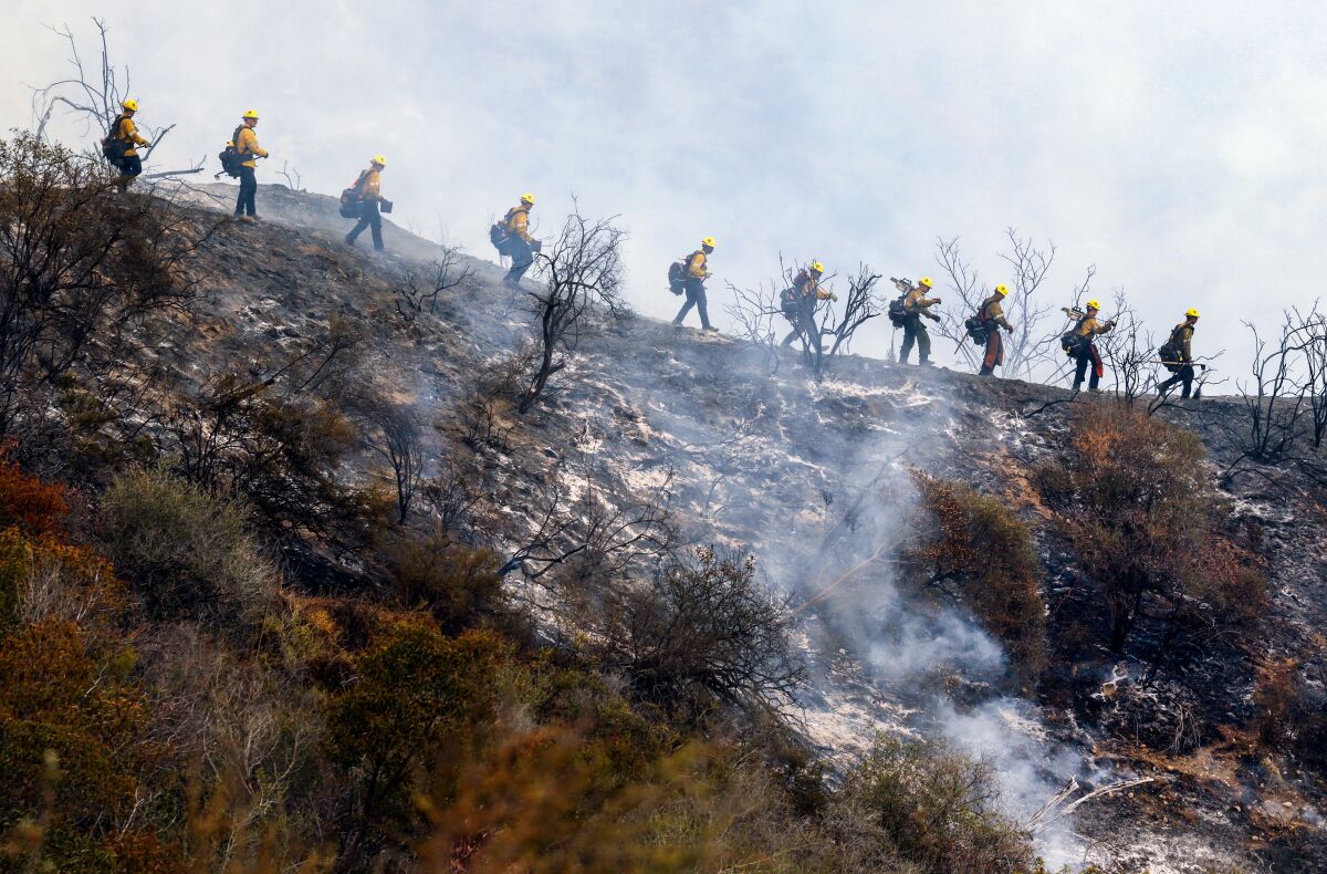 Firefighters work the fire line in canyons between Pacific Palisades and Topanga Canyon.