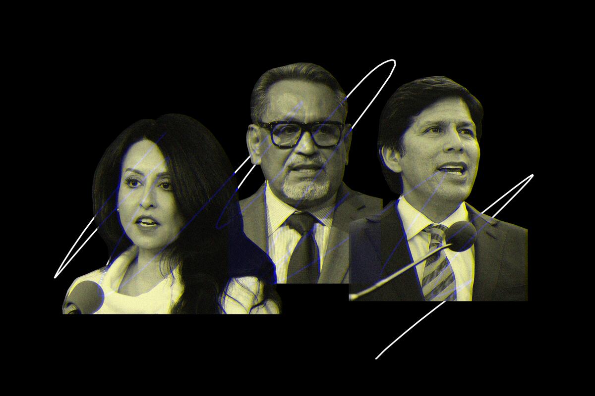 A photo illustration shows Nury Martinez and Councilmen Gil Cedillo and Kevin de León.