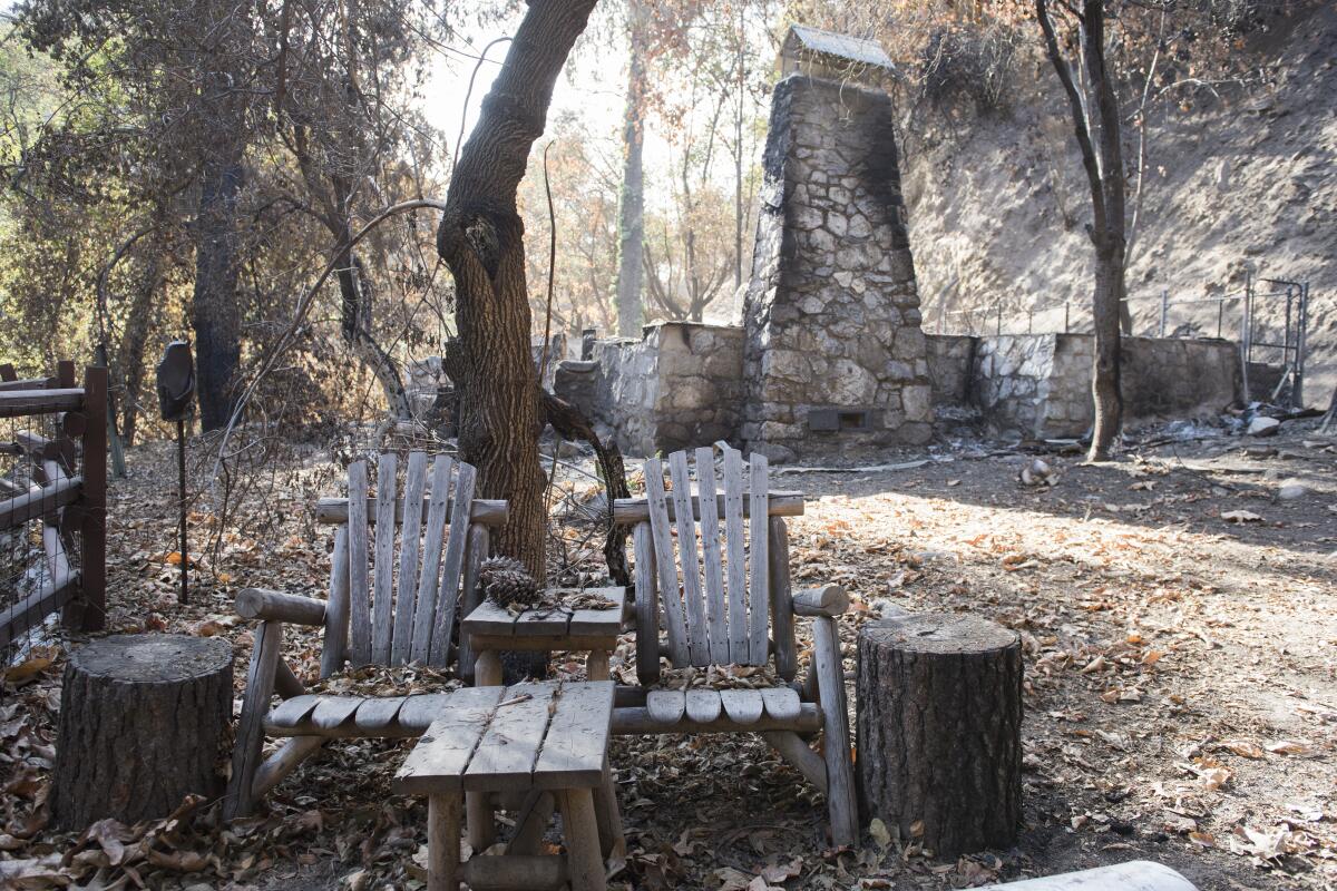 A pair of wooden chairs remain unscathed outside a historic cabin destroyed by the Bobcat fire in Big Santa Anita Canyon.