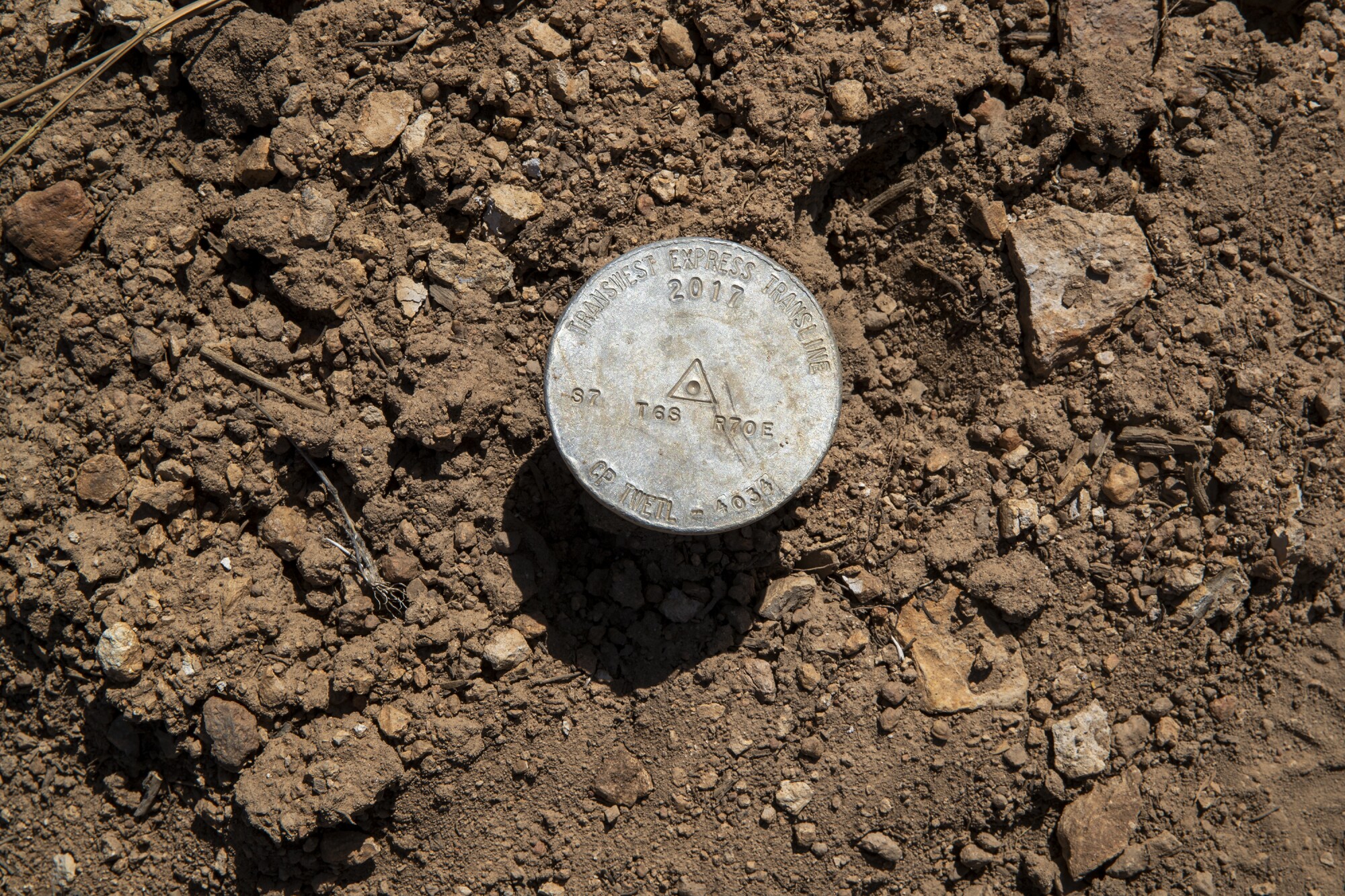 A TransWest Express survey marker along Mud Springs Road near Brent Hafen's ranch.