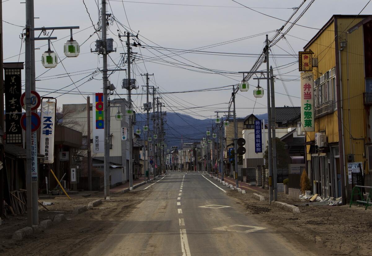 An empty street in the deserted town of Minamisoma, Fukushima prefecture, Japan.