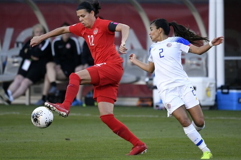 CARSON, CA - FEBRUARY 07: Christine Sinclair #12 of Canada controls the ball against Gabriela Guillen #2 of Costa Rica during the first half of the Semifinals - 2020 CONCACAF Women's Olympic Qualifying at Dignity Health Sports Park on February 7, 2020 in Carson, California. (Photo by Kevork Djansezian/Getty Images)