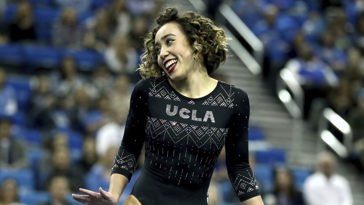 Katelyn Ohashi of UCLA during an NCAA college gymnastics match, Friday, Jan. 4, 2019, in Los Angeles.