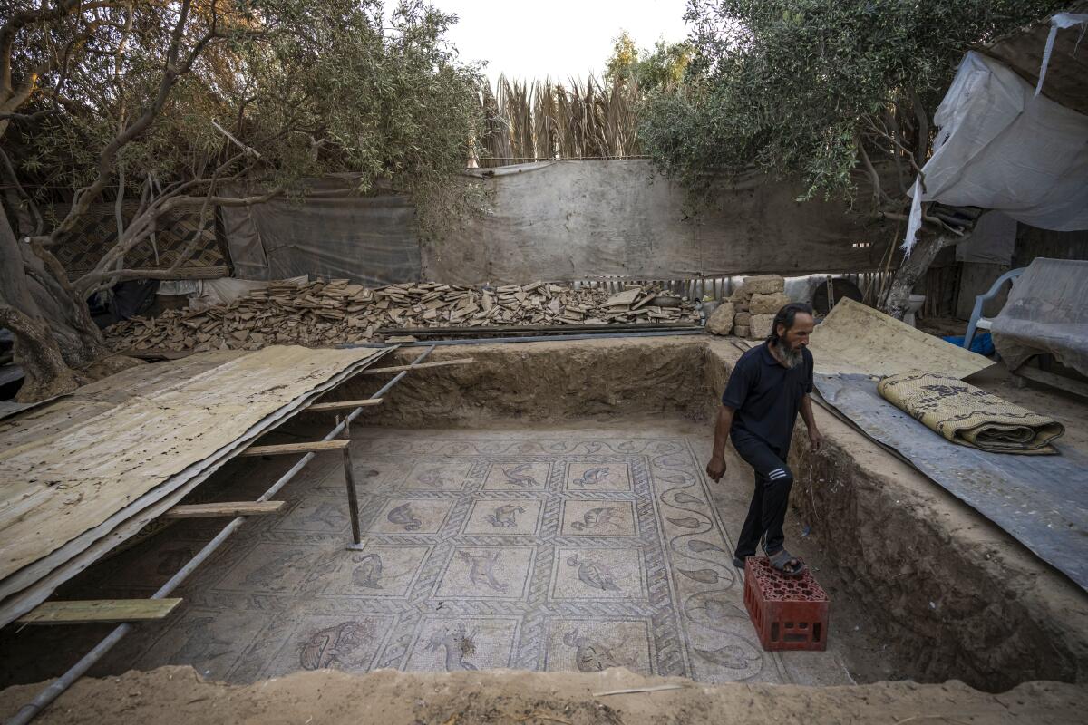 Un individuo inspecciona un piso de mosaicos antiguos muy bien conservado, 